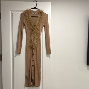 Fashion Nova Tan Long Sleeve Dress with Faux Fur